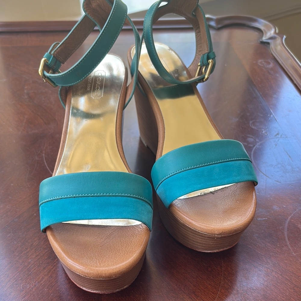 Coach Blue and Brown Wedge Sandals - Picture 3 of 4
